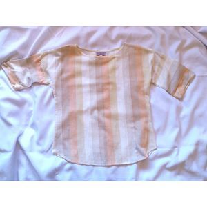 Cabrais Vintage Linen Short Sleeve Striped Neutrals Beach Short Sleeve Top L XL